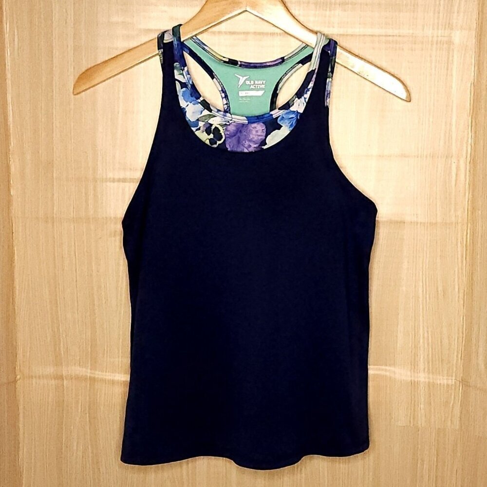 Old Navy Girls Navy Blue Athletic Tank Top Built-in Floral Sports Bra 14